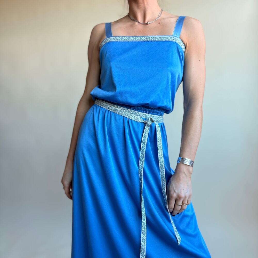1970s Handmade Blue Maxi Dress - Square Neck, Silver Trim, Fits Small